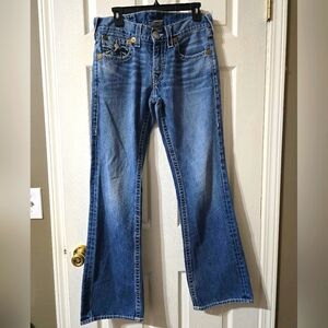 Y2K True Religion Bootcut Flare Low Rise Jeans, Medium Wash, Contrast Stitching.